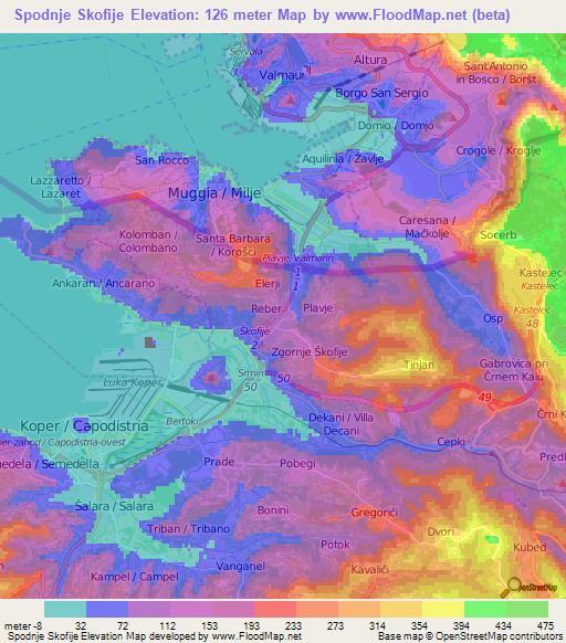 Spodnje Skofije,Slovenia Elevation Map