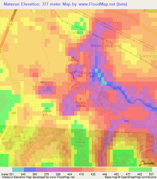 Matavun,Slovenia Elevation Map