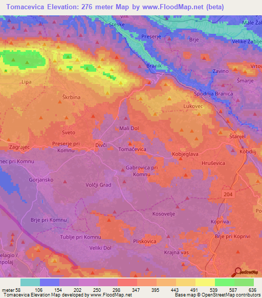 Tomacevica,Slovenia Elevation Map