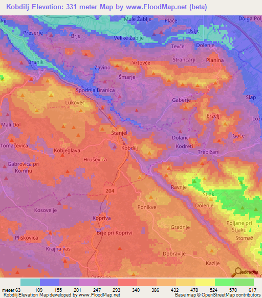 Kobdilj,Slovenia Elevation Map