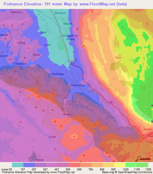 Podnanos,Slovenia Elevation Map