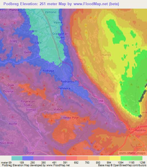 Podbreg,Slovenia Elevation Map