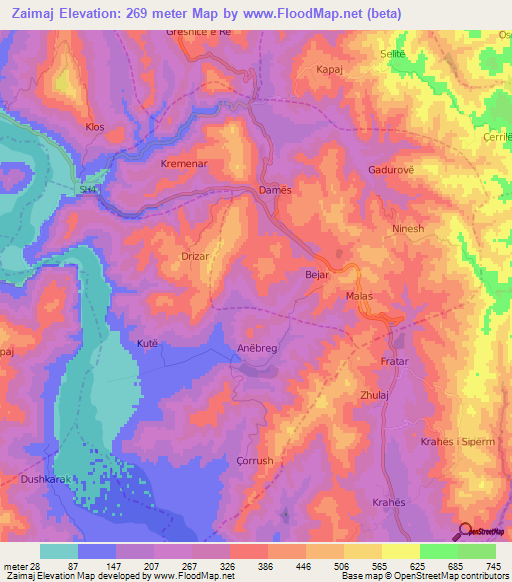 Zaimaj,Albania Elevation Map