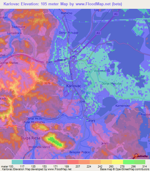 Karlovac,Croatia Elevation Map