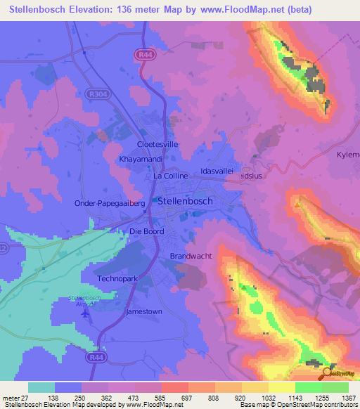 Stellenbosch,South Africa Elevation Map