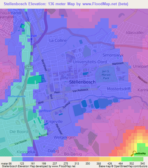 Stellenbosch,South Africa Elevation Map