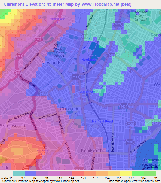 Claremont,South Africa Elevation Map