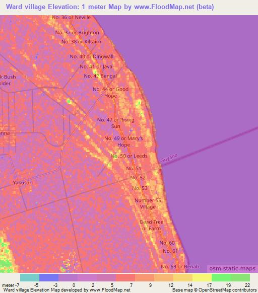 Ward village,Guyana Elevation Map