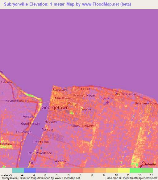 Subryanville,Guyana Elevation Map