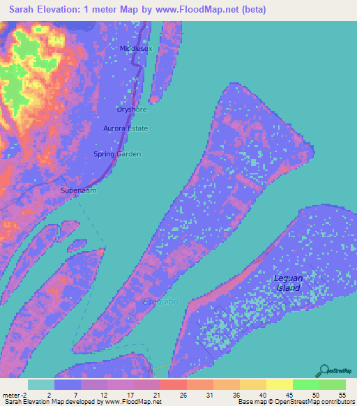 Sarah,Guyana Elevation Map