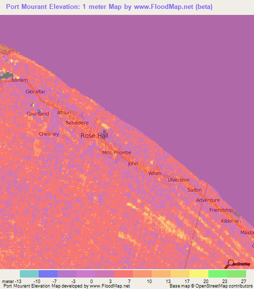 Port Mourant,Guyana Elevation Map