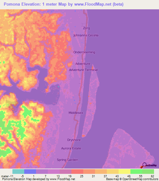 Pomona,Guyana Elevation Map