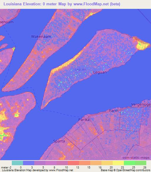 Louisiana,Guyana Elevation Map