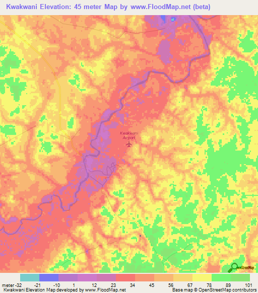 Kwakwani,Guyana Elevation Map