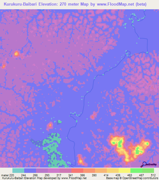 Kurukuru-Baibari,Guyana Elevation Map