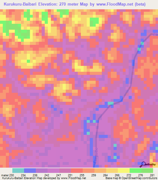 Kurukuru-Baibari,Guyana Elevation Map