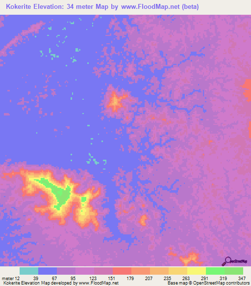 Kokerite,Guyana Elevation Map