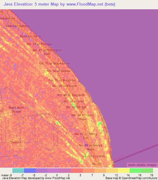 Java,Guyana Elevation Map