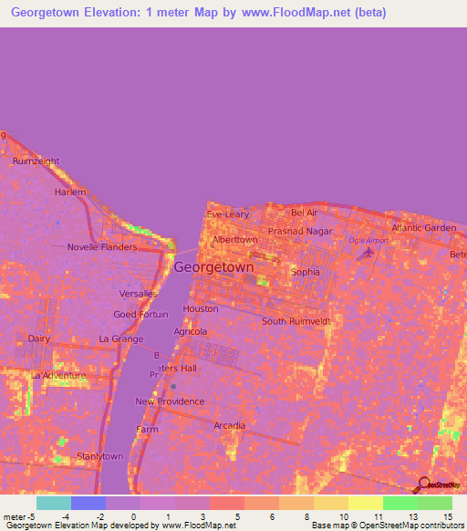 Georgetown,Guyana Elevation Map