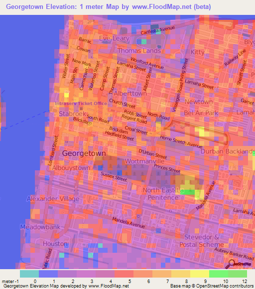 Georgetown,Guyana Elevation Map