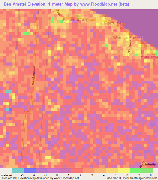 Den Amstel,Guyana Elevation Map