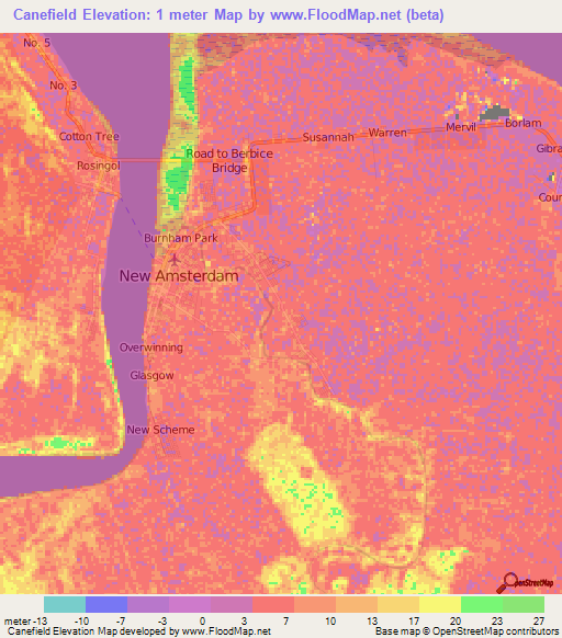 Canefield,Guyana Elevation Map