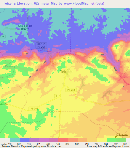 Teixeira,Brazil Elevation Map