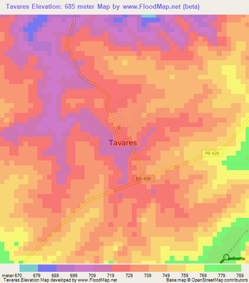 Tavares,Brazil Elevation Map