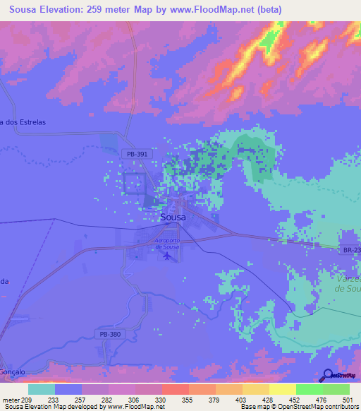 Sousa,Brazil Elevation Map