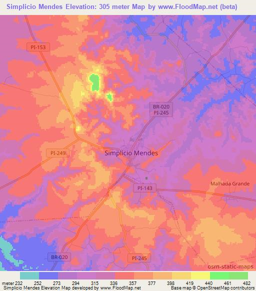 Simplicio Mendes,Brazil Elevation Map