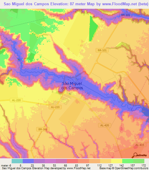 Sao Miguel dos Campos,Brazil Elevation Map