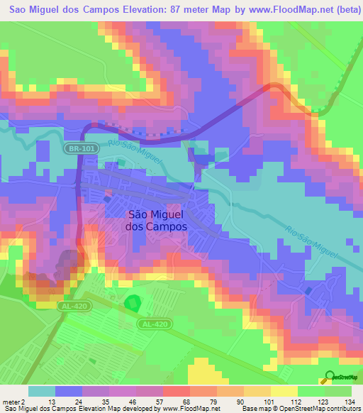 Sao Miguel dos Campos,Brazil Elevation Map