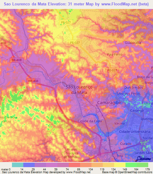 Sao Lourenco da Mata,Brazil Elevation Map