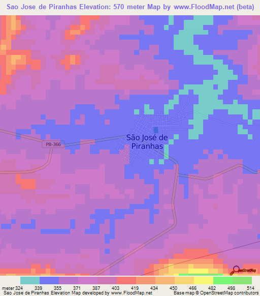 Sao Jose de Piranhas,Brazil Elevation Map