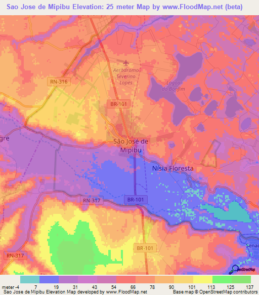 Sao Jose de Mipibu,Brazil Elevation Map