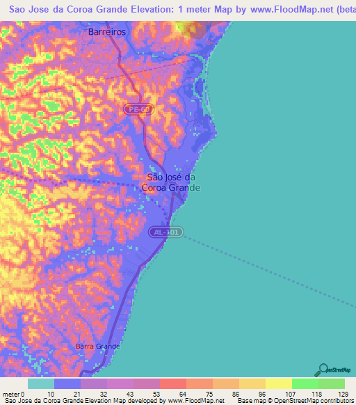 Sao Jose da Coroa Grande,Brazil Elevation Map