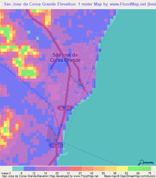 Sao Jose da Coroa Grande,Brazil Elevation Map