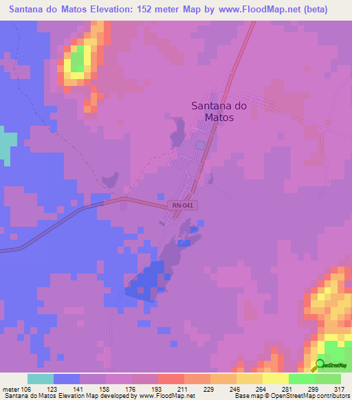 Santana do Matos,Brazil Elevation Map