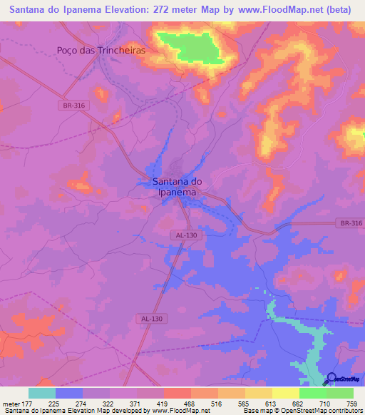 Santana do Ipanema,Brazil Elevation Map