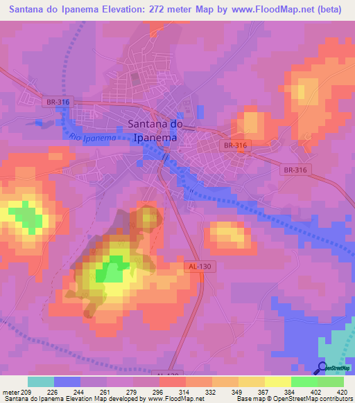 Santana do Ipanema,Brazil Elevation Map