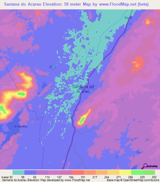 Santana do Acarau,Brazil Elevation Map