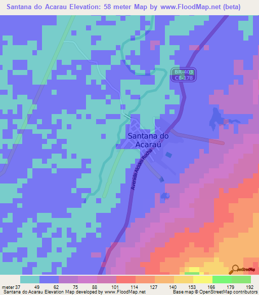 Santana do Acarau,Brazil Elevation Map