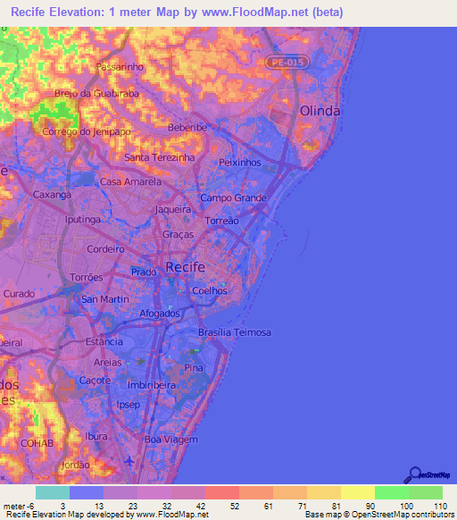 Recife,Brazil Elevation Map