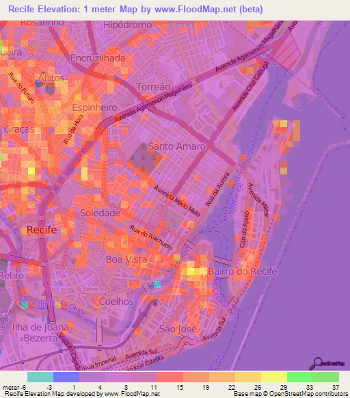 Recife,Brazil Elevation Map