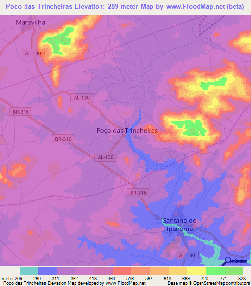 Poco das Trincheiras,Brazil Elevation Map