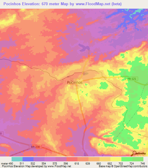 Pocinhos,Brazil Elevation Map