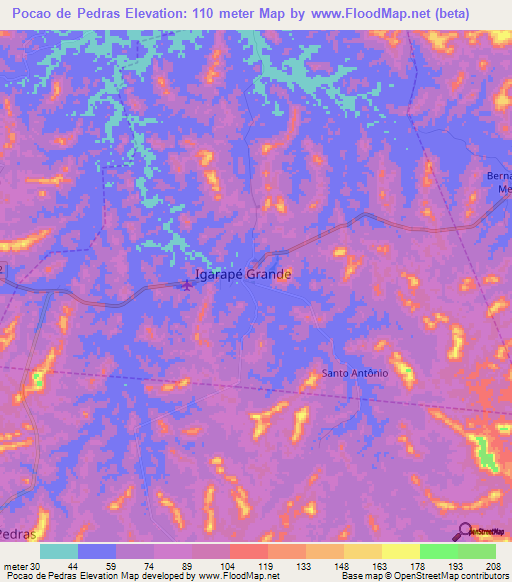 Pocao de Pedras,Brazil Elevation Map