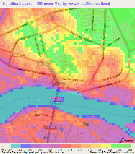 Petrolina,Brazil Elevation Map