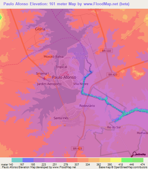 Paulo Afonso,Brazil Elevation Map