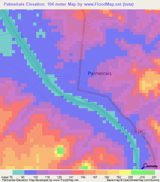 Palmeirais,Brazil Elevation Map